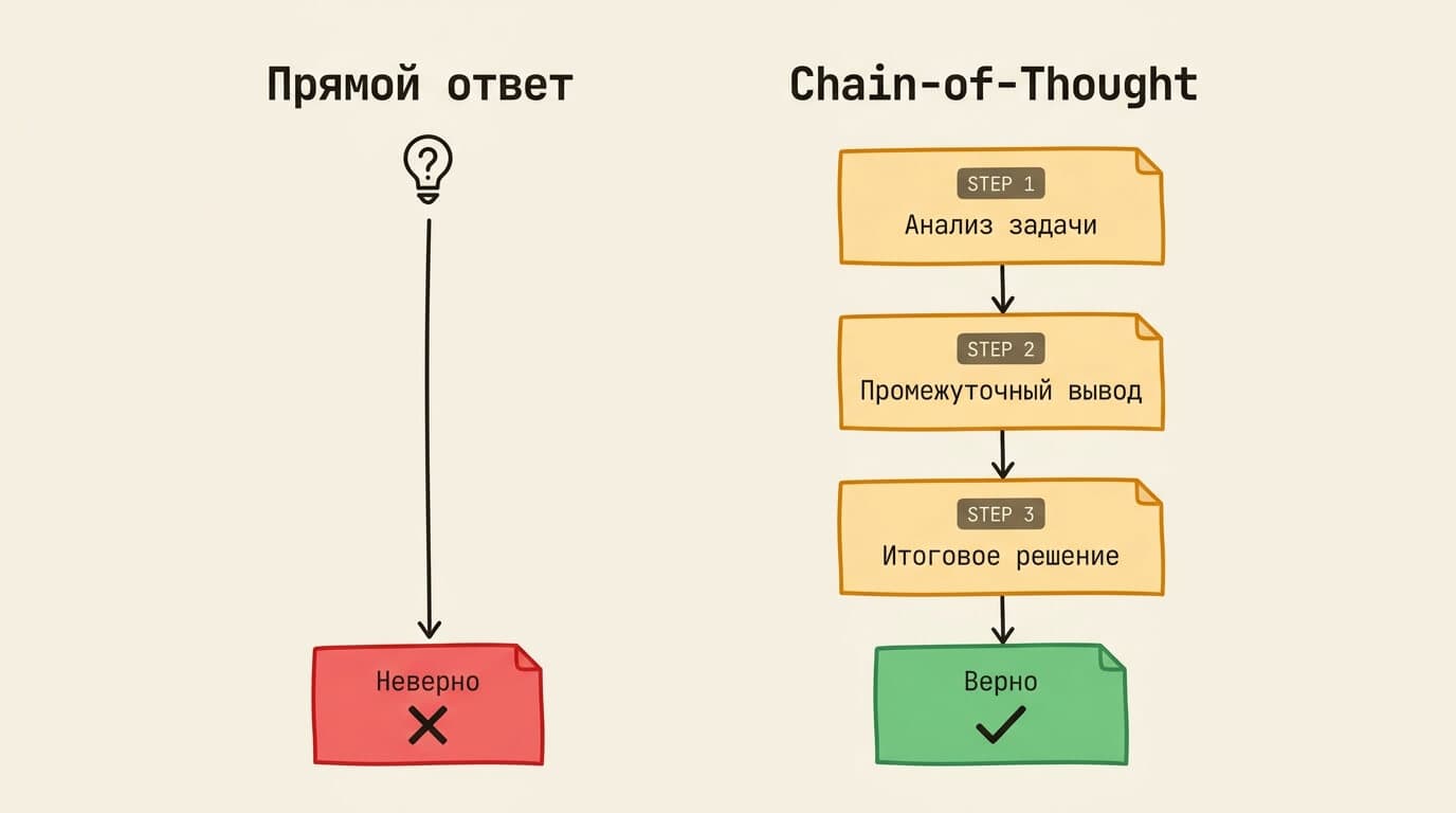 Сравнение прямого ответа и chain-of-thought рассуждения