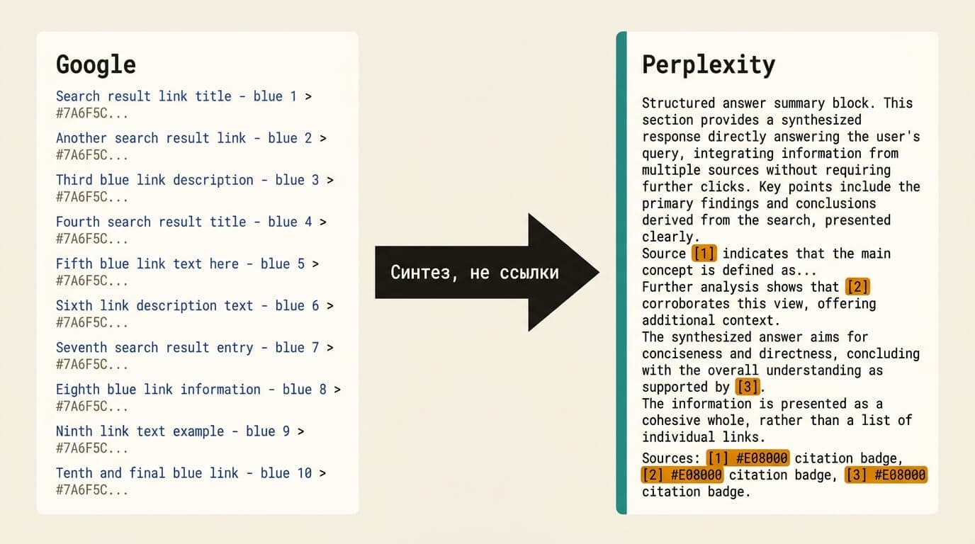 Сравнение Perplexity и Google: синтез против списка ссылок